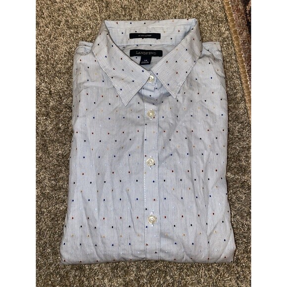 Lands' End No Iron Supima Cotton Shirt Blue Stripe Polka Dot sz 14 - Picture 1 of 5